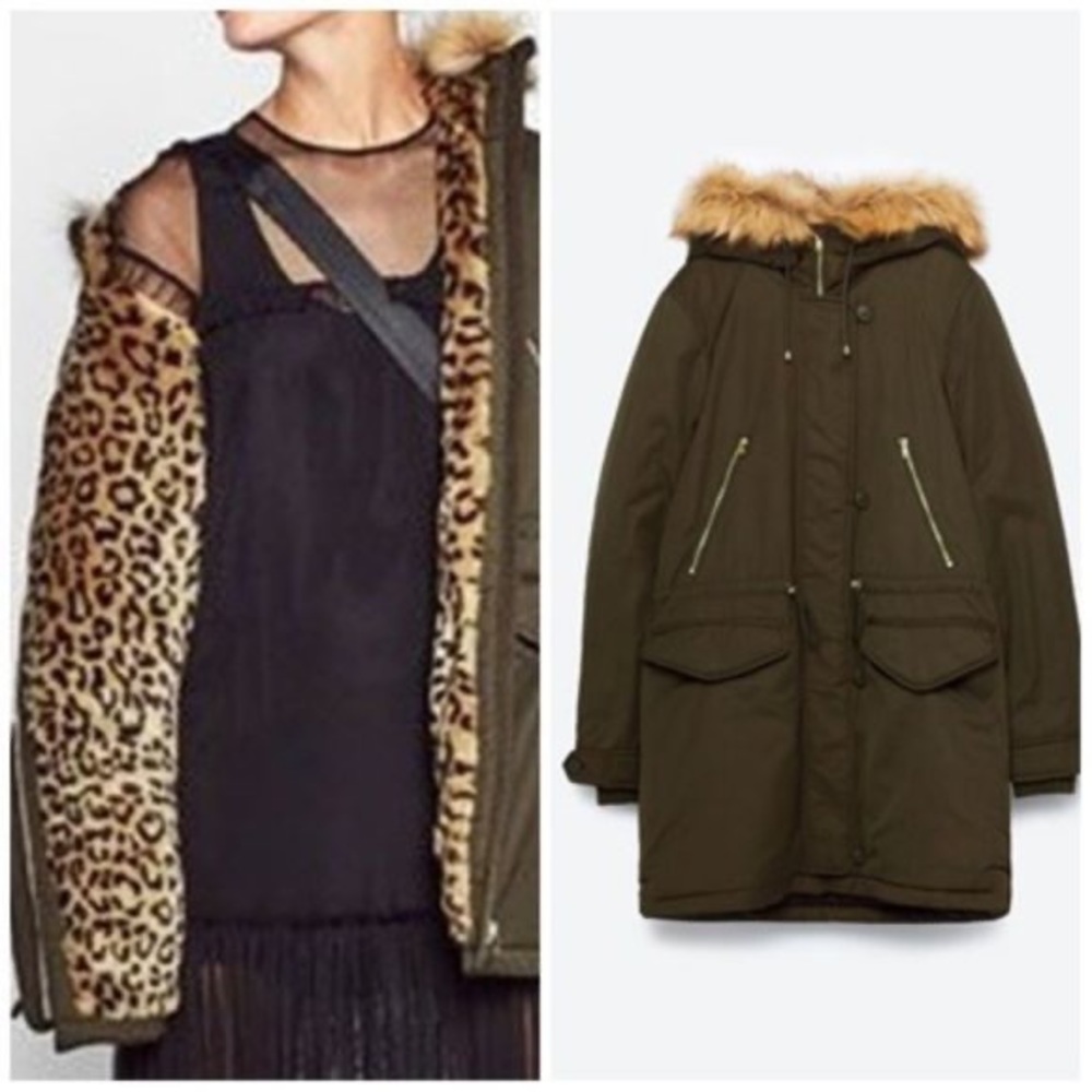 Zara Olive Green Parka with Cheetah Print Lining